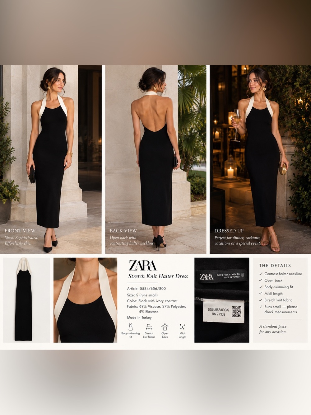 ZARA Black & Ivory Contrast Halter Midi Dress Open Back Stretch Knit S